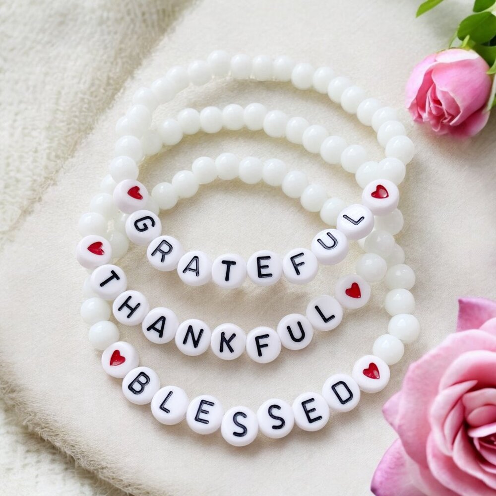 HANDMADE Grateful Thankful Blessed Heart Beaded Bracelet Stack